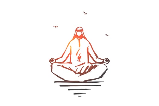 Concentration, yoga, meditation concept sketch. Healthy lifestyle, spiritual balance, relaxation, stress relief, arab yogi, muslim businessman sitting in lotus pose. Hand drawn isolated vector