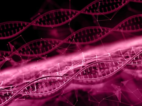 3D render of a medical background with abstract DNA strands on low poly plexus design