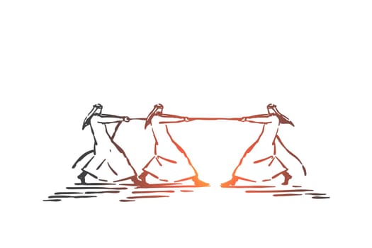 Competition, advantage, inequality concept sketch. Business partnership, corporate, rivalry, teamwork, coworking metaphor, arab businessmen, muslim people pulling rope Hand drawn isolated vector
