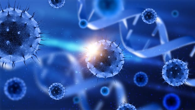 3D render of a medical background with abstract DNA strands and virus cells