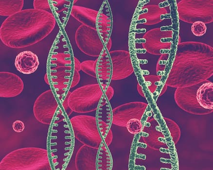 3D render of a medical background with DNA strands, virus cells and blood cells