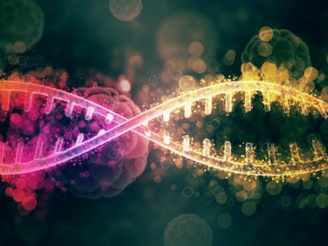3D render of a medical background with abstract DNA strands and defocussed virus cells
