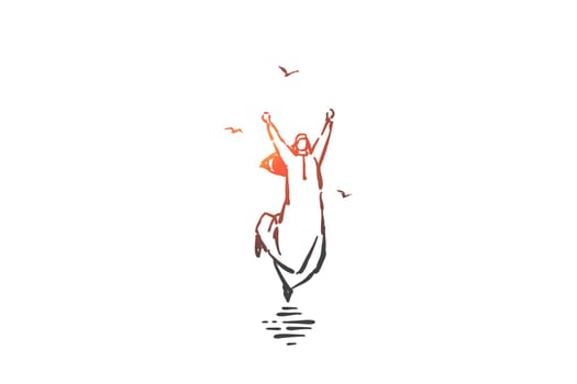 Business achievement celebration concept sketch. Happy arab businessman, successful muslim entrepreneur jumping in air, positive emotion, happiness, excitement expression. Hand drawn isolated vector