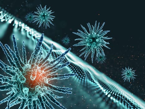 3D render of a medical background with abstract particle design and virus cells