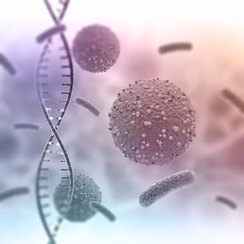 3D render of a medical background with abstract DNA strand and virus cells