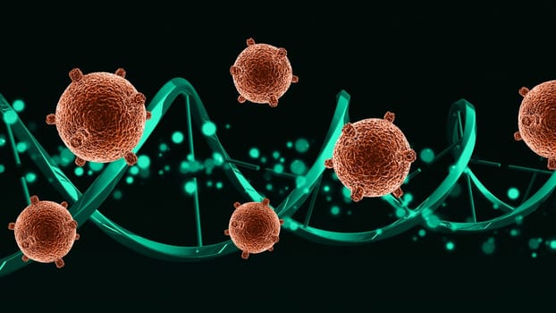 3D render of a medical background with abstract virus cells on a DNA strand