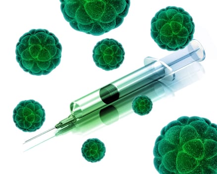 3D render of a medical background with abstract virus cells and syringe