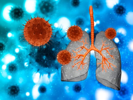 3D render of a medical background with abstract virus cells attacking lungs