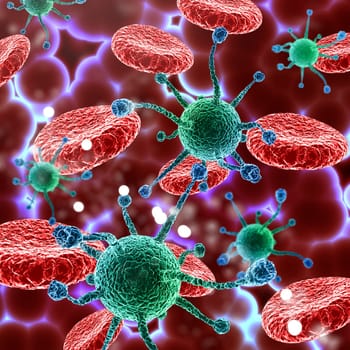 3D render of a medical background with blood and virus cells