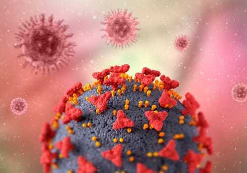 3D render of a medical background with close up of Covid 19 virus cell