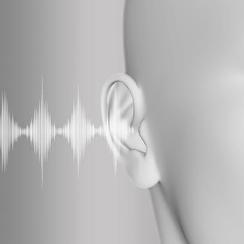 3D render of a medical background with close up of ear and soundwaves