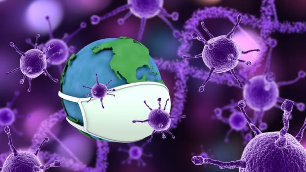 3D render of a medical background with virus cells and globe with face mask depicting global pandemic
