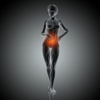 3D render of a medical background with female holding stomach in pain