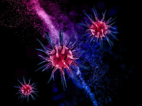 3D render of a medical background with flowing particles design and abstract virus cells