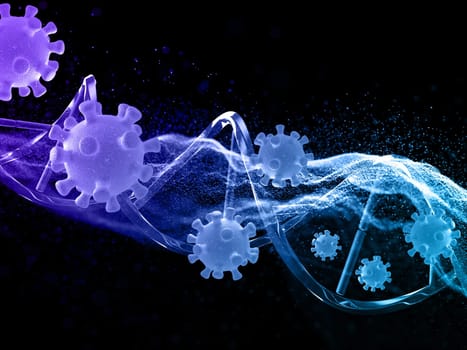 3D render of a medical background with flowing particles, virus cells and DNA strand