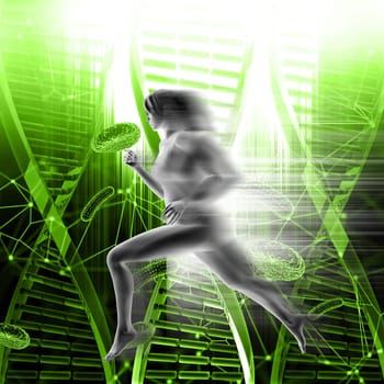 3D render of a medical background with female running fast on DNA strands and virus cells