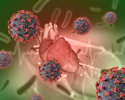 3D render of a medical background with heart and Covid 19 virus cells