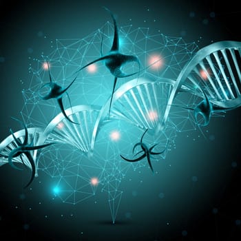 3D render of a medical background with low poly brain, DNA strands and virus cells