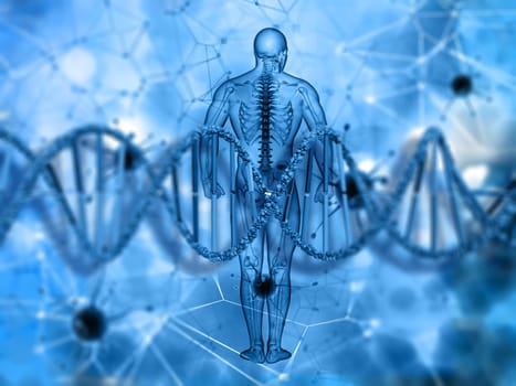 3D render of a medical background with male figure and DNA strand