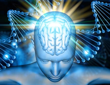 3D render of a medical background with female figure with brain highlighted on DNA strands