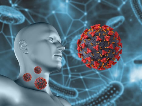 3D render of a medical background with male figure and detailed Corona virus cells