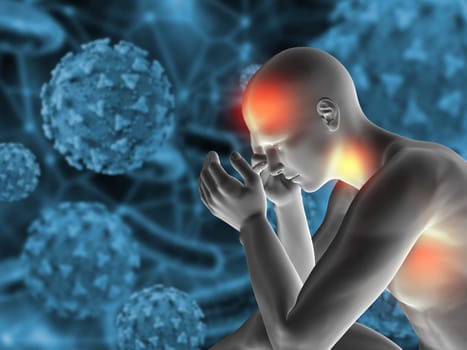 3D render of a medical background with male figure displaying symptoms of the Covid 19 virus