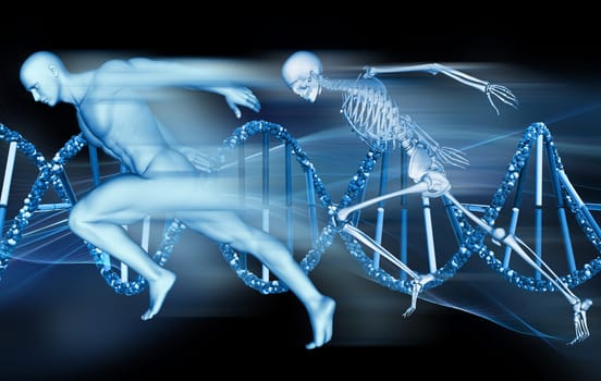 3D render of a medical background with male figure and skeleton sprinting on DNA strands