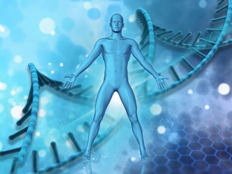 3D render of a medical background with male figure on DNA strands background