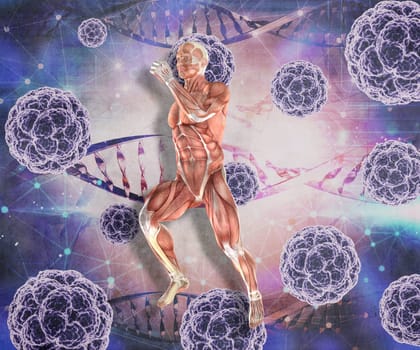 3D render of a medical background with male figure in running pose with virus cells and DNA strands