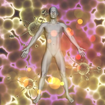 3D render of a medical background with male figure on virus cells