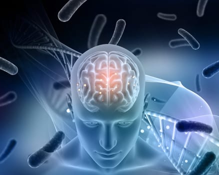3D render of a medical background with male figure with brain highlighted
