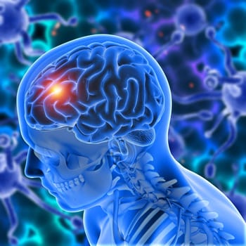 3D render of a medical background with male figure with brain highlighted