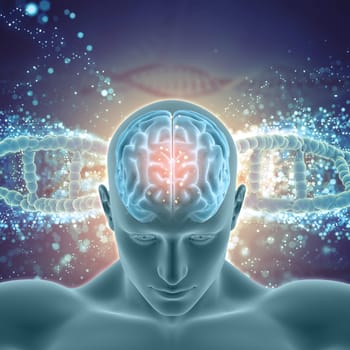 3D render of a medical background with male figure with brain highlighted on DNA strands