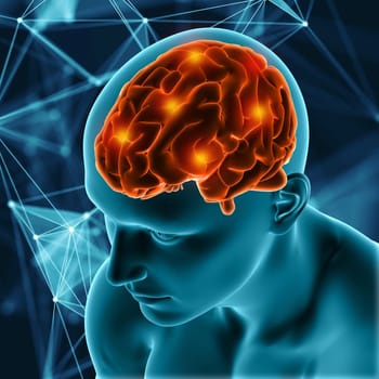 3D render of a medical background with male figure with brain highlighted