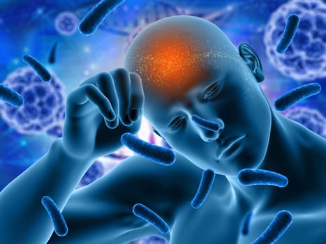 3D render of a medical background with male figure with head highlighted in pain