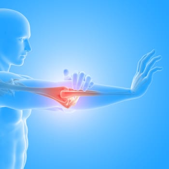 3D render of a medical background with male figure holding highlighted elbow bone