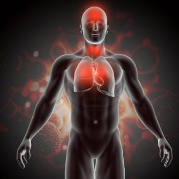 3D render of a medical background with male figure showing symptoms of Covid 19 virus