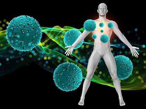 3D render of a medical background with male figure with virus cells