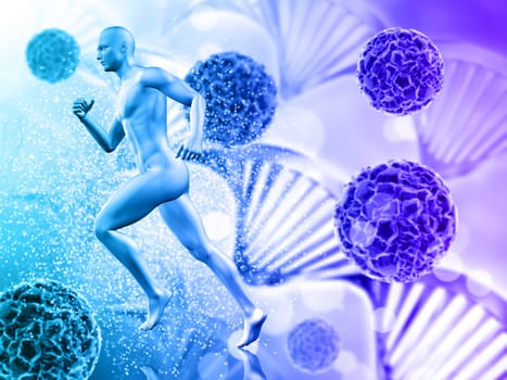 3D render of a medical background with male figure running on virus cells