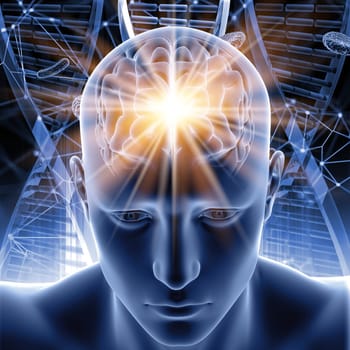 3D render of a medical background with male figure with brain highlighted