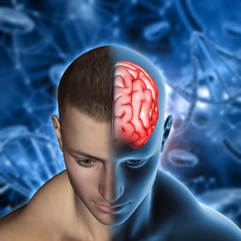 3D render of a medical background with male figure with brain highlighted