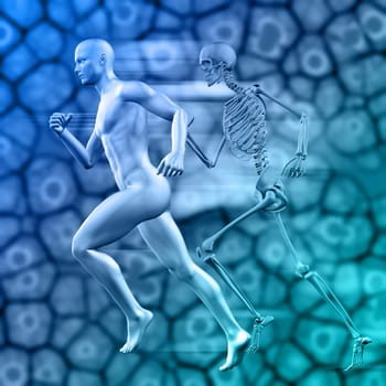 3D render of a medical background with male figure running with skeleton