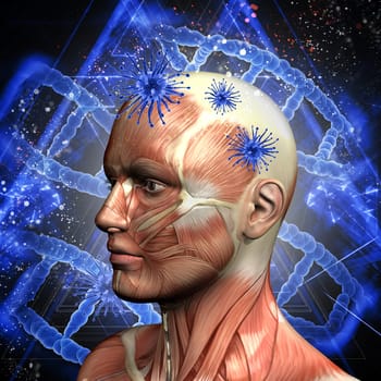 3D render of a medical background with male head, virus cells and DNA strands