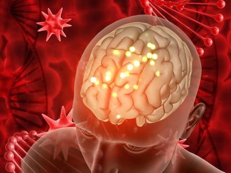 3D render of a medical background with male figure and brain