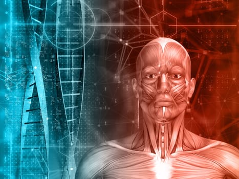 3D render of a medical background with male figure, DNA strands and code