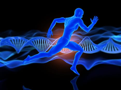 3D render of a medical background with running male figure on DNA strands