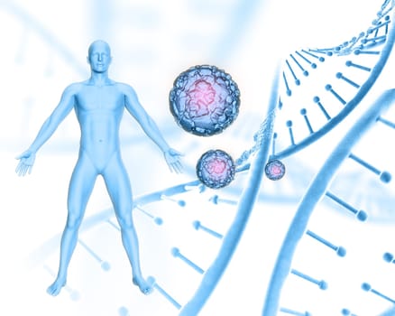 3D render of a medical background with male figure on DNA strands and virus cells background