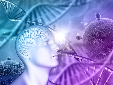 3D render of a medical background with male head, brain, DNA strands and virus cells