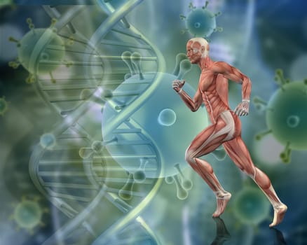 3D render of a medical background with running man with DNA strands and virus cells