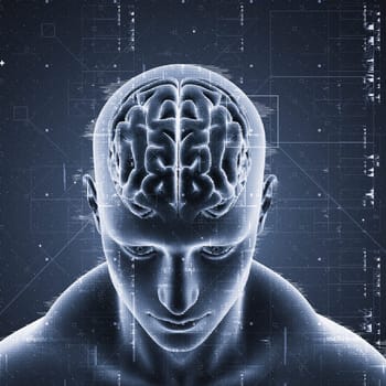 3D render of a medical background with technology design on male figure with brain highlighted
